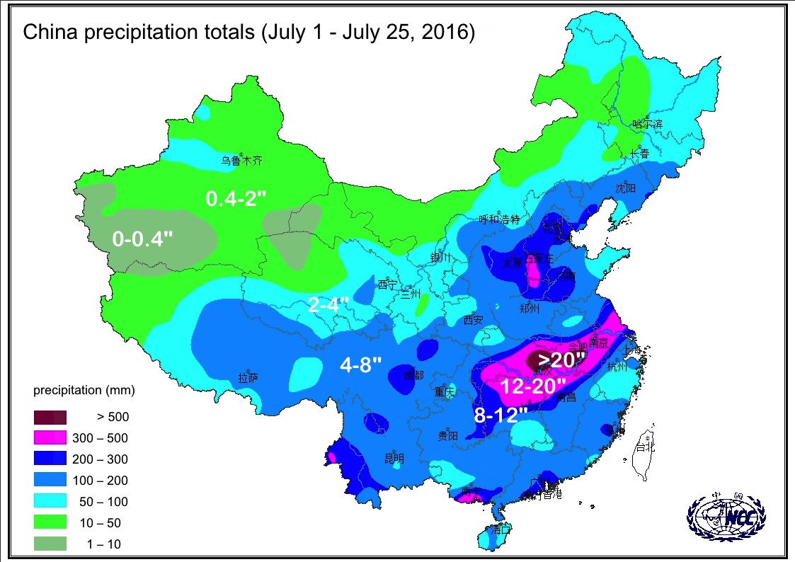 Map: Observed Precipitation Over China From July 1 - 25, 2016 | Climate ...